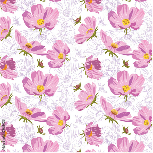 Pink cosmic flowers blooming on a white background. Floral seamless pattern with pink flowers. Vector background for fabric, wallpaper, decoration, textile, wrapping paper. © Natali