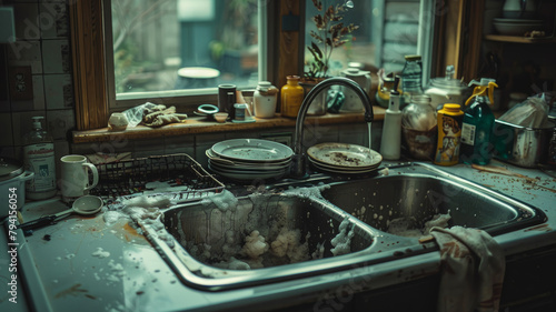 A cluttered kitchen sink with dirty dishes and foam.