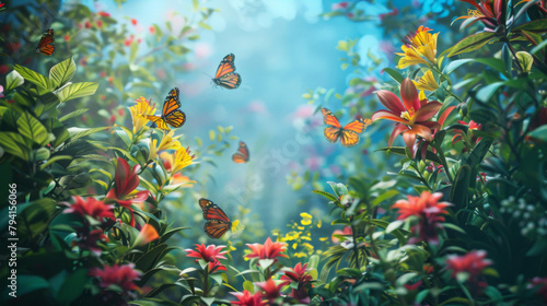 Lush floral background with vibrant butterflies in a serene summer garden