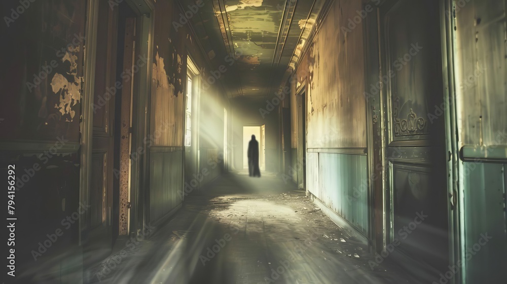 capturing the fleeting moment of a mysterious ghostly figure passing through an old dimly lit hallway creating a chilling and suspenseful atmosphere