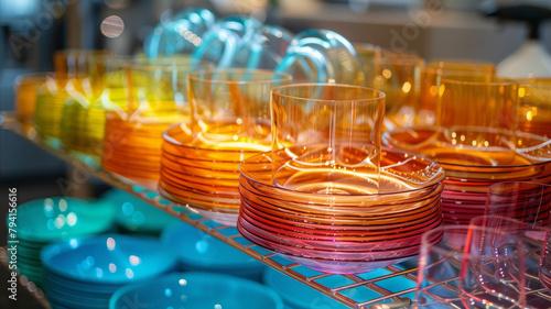 Colorful plates and glasses on a shelf.
