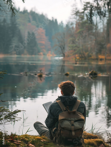 Solitude contemplative d'un jeune adulte au bord d'un lac en automne