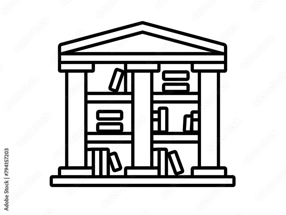 Outline icon of a book on a bookshelf. Black line and minimal style. White background. Outline icon of a book on a bookshelf. Black line and minimal style. White background.
