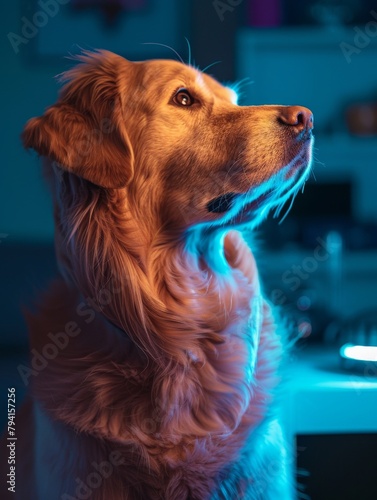 A celestial clinic, where starlight beams reveal recipes, Golden Retriever glowing with vitality cosmic care