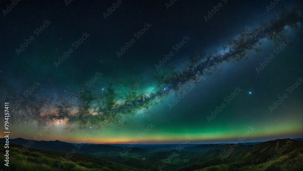 Celestial Panorama, Expansive View of the Universe with Stars and Vibrant Hues of Emerald Green.