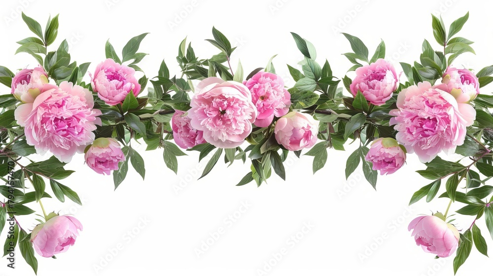 decorative floral banner featuring a lush arrangement of pink peonies and green foliage creating an elegant and romantic frame perfect for weddings or spring celebrations isolated on white