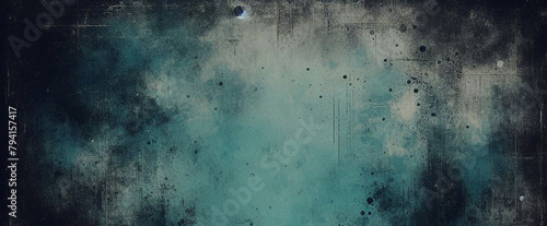 Dark turquoise art background. Large brush strokes. Acrylic paint in aquamarine or celadon colors. Abstract painting. Textured surface template for banner, poster. Narrow horizontal illustration	 photo