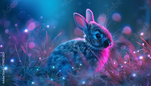 A cute little bunny with pink ears sitting in the grass surrounded colorful lights