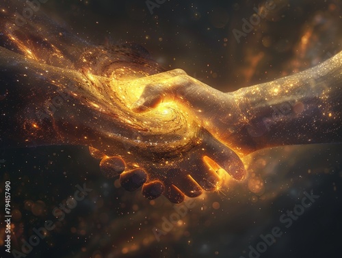 A handshake merging galaxies, stardust swirling at the touch, signifying a cosmic business deal surreal connection photo