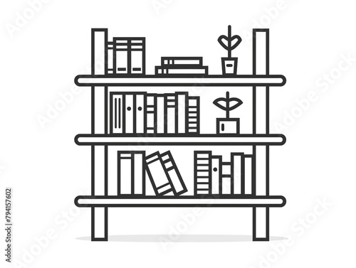 Outline icon of a book on a bookshelf. Black line and minimal style. White background.