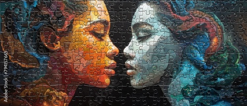 A puzzle in which the pieces work together to form women who love each other. photo