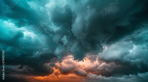 dramatic stormy sky with lightning over dark clouds severe weather warning banner photo