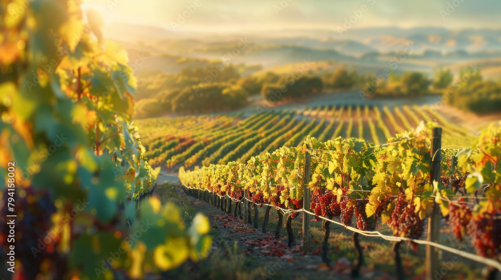 Warm sunset light bathes a vineyard, highlighting the rows of grapevines in summer