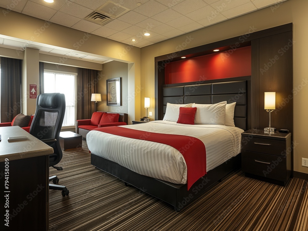 A hotel room with a large bed, a desk, and a couch. The bed is covered in a red comforter and has a red pillow. The room has a modern and luxurious feel A hotel room with a large bed, a desk, and a couch. The bed is covered in a red comforter and has a red pillow. The room has a modern and luxurious feel