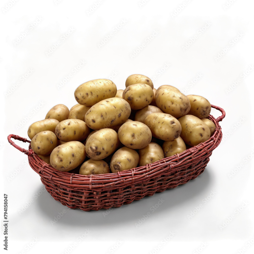 Potatoes solanum tuberosum brown and red whole and wedged dancing over rustic wicker basket misty Potatoes solanum tuberosum brown and red whole and wedged dancing over rustic wicker basket misty