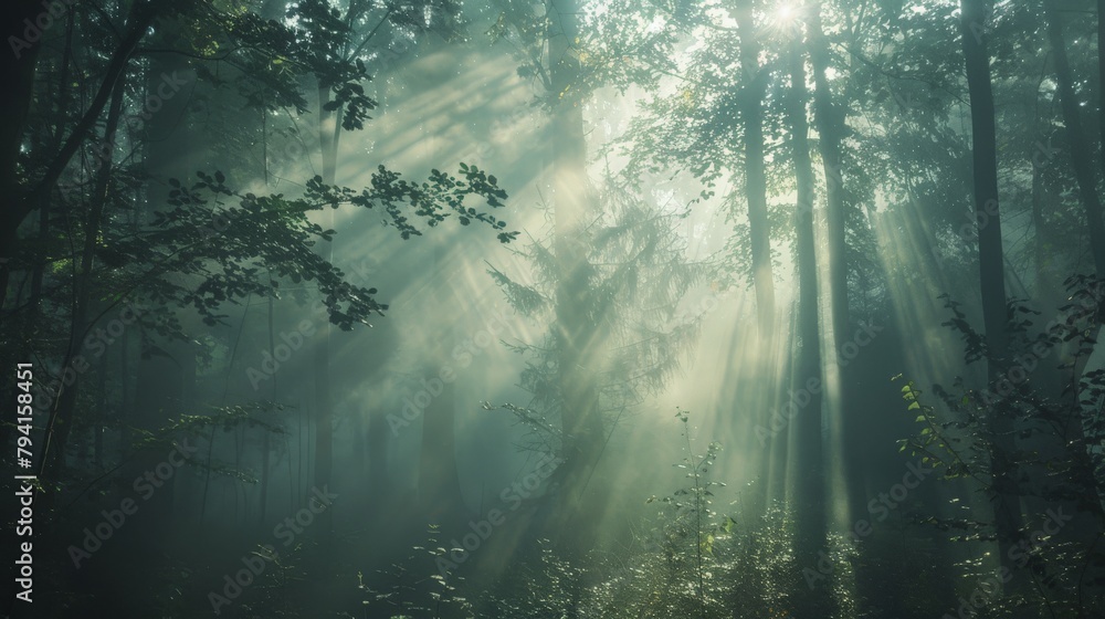 Misty morning in a mystical forest with rays of light Misty morning in a mystical forest with rays of light