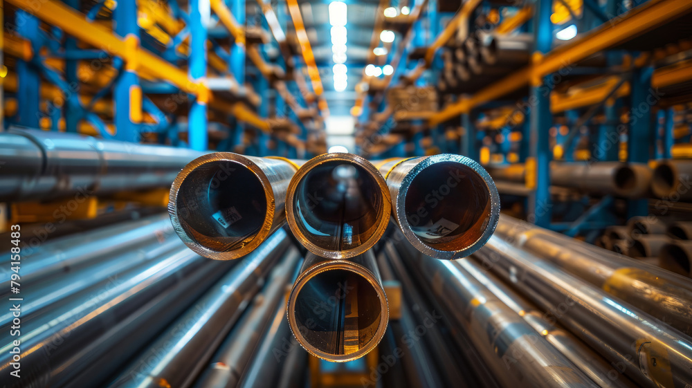 Stacked steel pipes in a warehouse setting. Stacked steel pipes in a warehouse setting.