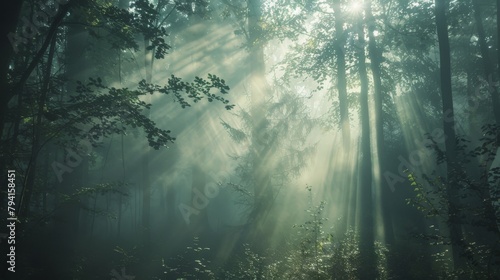 Misty morning in a mystical forest with rays of light