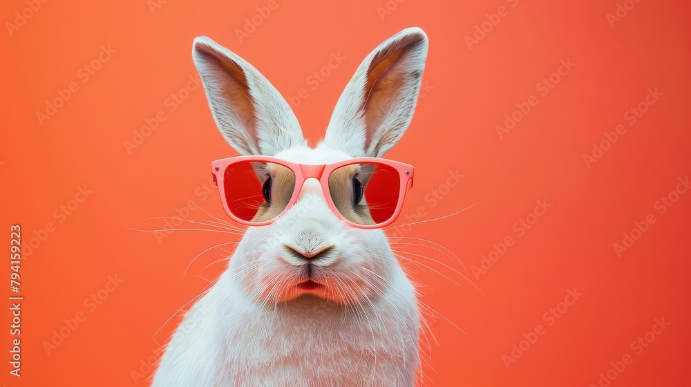 modern art piece featuring a white rabbit with stylish sunglasses minimalist summer vibe