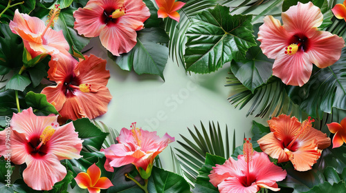 Refreshing summer scene with vibrant hibiscus flowers and lush greenery