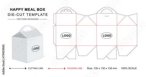 Happy meal box die cut template with 3D blank vector mockup for food packaging