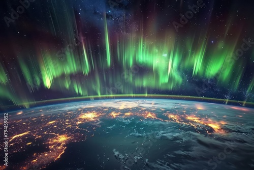 Aurora borealis from space, Earth's magnetic field interaction, natural light show photo