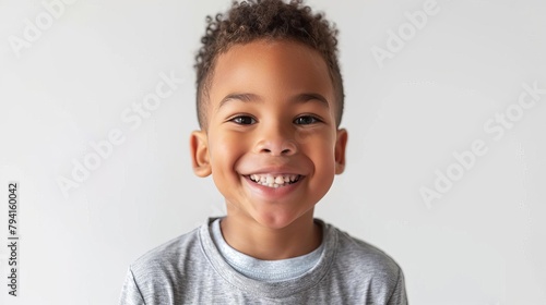 studio portrait of a cheerful mixedrace boy with a glowing smile showcasing the innocence and joy of childhood against a clean white background photo