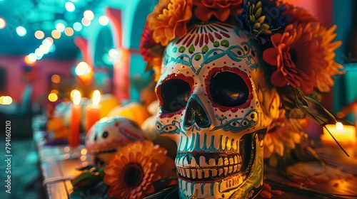 vibrant celebration of dia de los muertos with traditional decorations and festive atmosphere