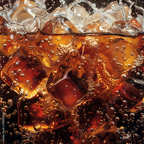 Close up of ice cubes in cola water. Coke with ice. Texture of carbonate drink with bubbles in glass. Cola soda and ice splashing. Cold drink background.