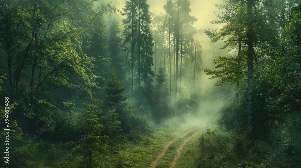 A forest with a foggy mist and a road leading through it A forest with a foggy mist and a road leading through it