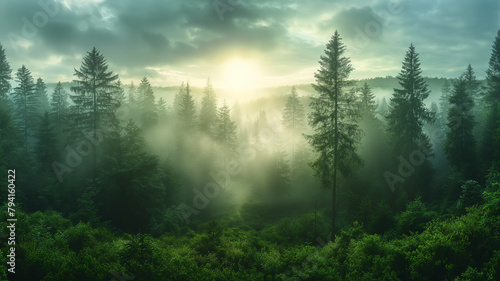 A forest with foggy trees and a sun in the sky