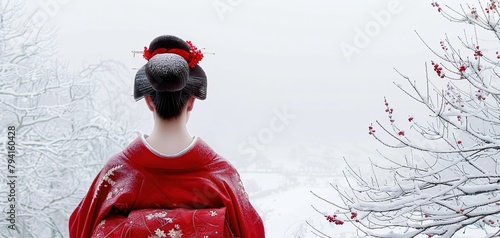A geisha adorned in crimson robes amidst a serene white landscape