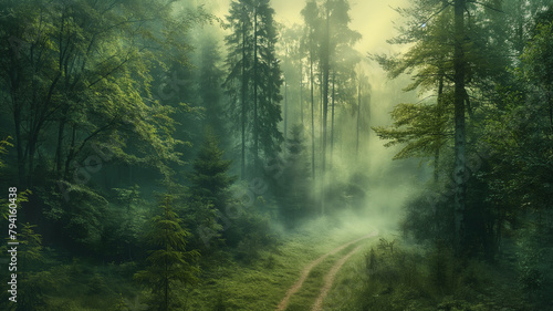 A forest with a foggy mist and a road leading through it