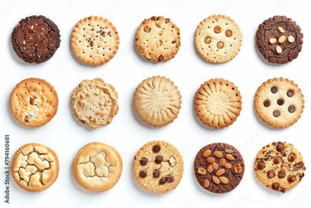 Collection of round cookie cookies biscuit, classic and nut set, on white background cutout file. Many assorted different design. Mockup template for artwork design