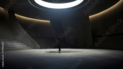 Contemporary Monumental Concrete Dome With Steps and Oculus A Man Standing Below The Dome photo