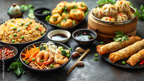 Chinese food dark background, Chinese noodles, fried rice, dumplings, peking duck, dim sum, spring rolls, Famous Chinese cuisine dishes set, Space for text, Top view, Chinese restaurant concept