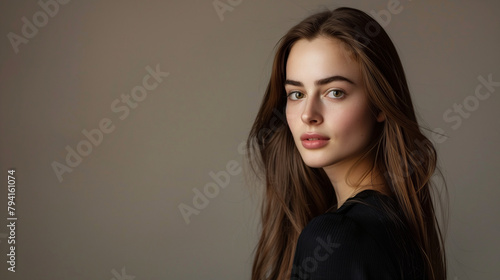 Portrait of beautiful young woman with makeup and long brown hair