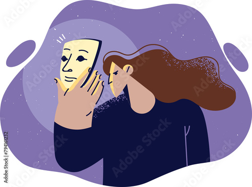 Quadro su tela Woman puts on theatrical mask to hide true emotions and commit act of fraud against person