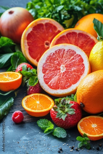 Various fruits displayed on a wooden table