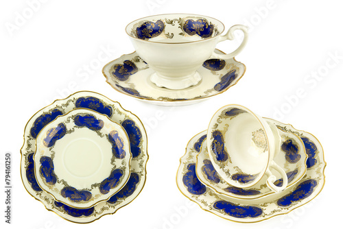 Vintage porcelain cups and saucers isolated on white. Collage.