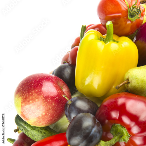 Set of vegetables and fruits isolated on a white . There is free space for text.