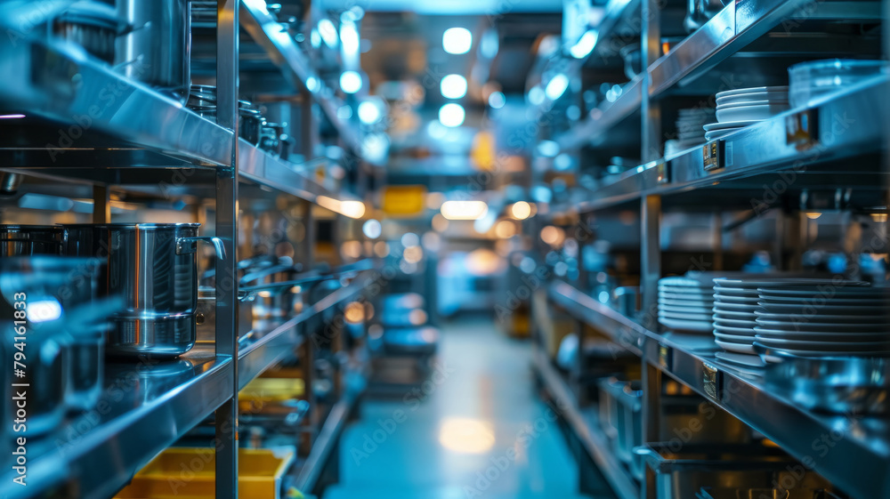 Fototapeta premium Warehouse aisle with metal shelves and goods