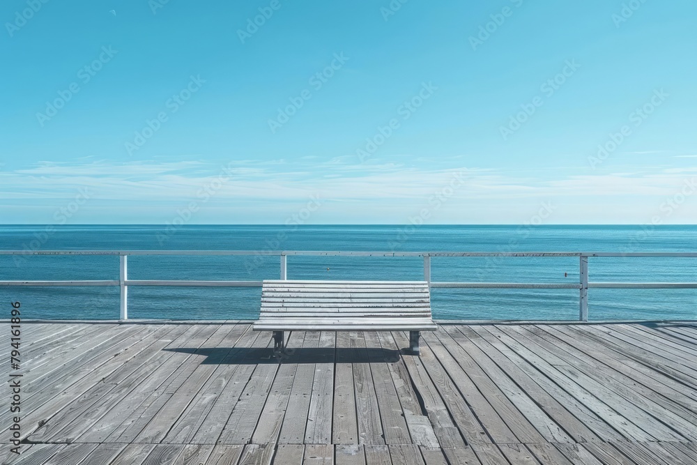 Empty wooden bench standing on the sea ocean promenade, horizon line
