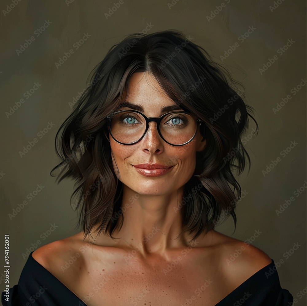 a shoulder lengthed dark haired woman with a square shaped plump face, strong squared chin with dimple, she has boufont hair style cut in waterfall layers. her skin is flawless, blue eyes a shoulder lengthed dark haired woman with a square shaped plump face, strong squared chin with dimple, she has boufont hair style cut in waterfall layers. her skin is flawless, blue eyes