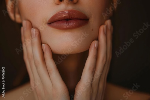 Cropped shot of young woman touching under the chin with hands massaging her face on dark brown background. Rejuvenation, facelift, face fitness. Exercises from the second chin, pelican neck photo