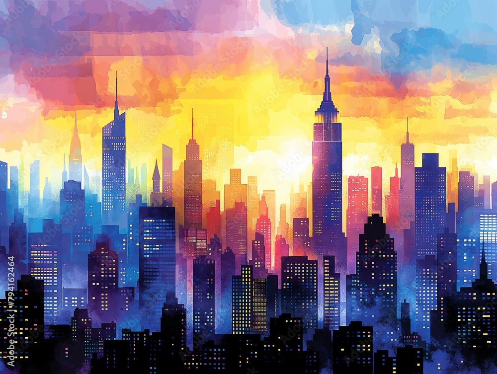A city skyline with a sunset in the background. The sky is filled with a variety of colors, including blue, purple, and orange. The buildings are tall and spread out, creating a sense of depth