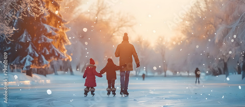 A family playing at the skating rink in winter, with copy space for adding text.