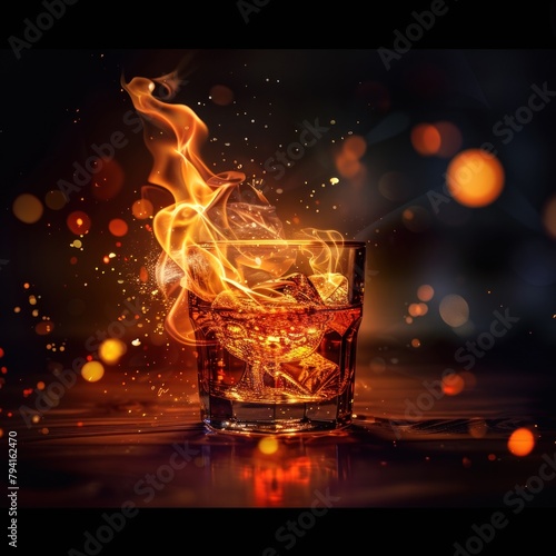 A glass of whiskey with fire coming out of it