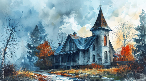 Landscape with Historical Abandoned Church At Mountains Oil Painting on Canvas