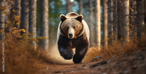 Angry brown bear runs in the woods towards the camera.